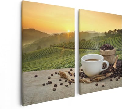 Artaza Canvas Schilderij Tweeluik Kopje Koffie Op Een Plantage Achtergrond - 80x60 - Foto Op Canvas - Canvas Print