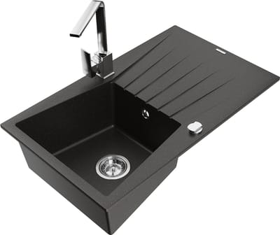 Mexen Cesar granieten gootsteen 1-komors met afdruiprek en keukenkraan Rita, zwart/gouden metallic - 6514-75-670300-00