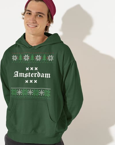 Amsterdam Kerst Hoodie Groen Logo Snowy Trees - Maat XS - Uniseks Fit - Kerstkleding Voor Dames & Heren