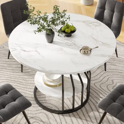 Ronde eettafel 80 cm - compacte keukentafel voor 2 tot 4 personen - marmerlook blad - opbergplank - zwart onderstel