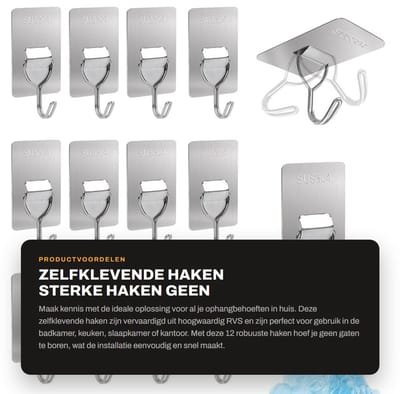 Dailygoods- Haak Extra Sterk - Wandhaak - Zelfklevend - Roestvrij Staal - Set van 12 - Voor Keuken/Badkamer/Office