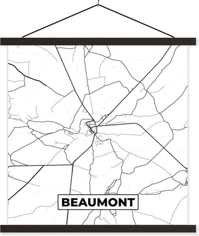 Posterhanger incl. Poster 60x60 cm - Schoolplaat - België – Beaumont – Stadskaart – Kaart – Zwart Wit – Plattegrond - Textielposter - Zwarte latten - Stadskaart