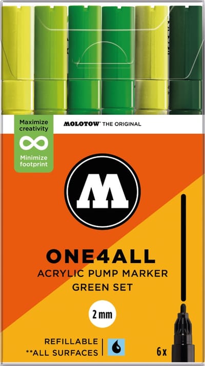 Molotow ONE4ALL Acrylstiften Set van 6 Groene tinten - Acryl markers - 2mm breed - hervulbaar - alle ondergronden