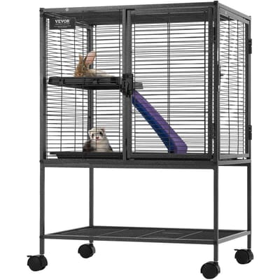Cage Métallique pour Petits Animaux 34  à 2 Niveaux avec Roulettes, Bac et Rampe pour Furet
