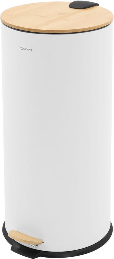 Afvalbak 30L rond met voetpedaal, wit, staal, pedaalemmer met bamboe deksel Softclose ML design