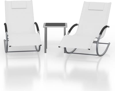 3-Delige Loungeset Tuin - Set van 2 Ligstoelen met Schommelfunctie & Bijzettafel - Verstelbaar - Textileen - Wit