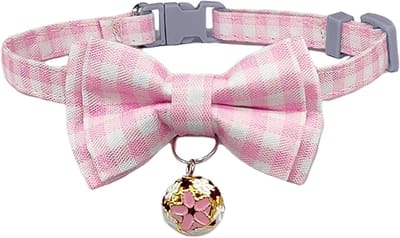 Kattenhalsband met Veiligheidssluiting, Afneembare Strik en Bel, Zacht en Comfortabel Materiaal, Roze Geruit Design