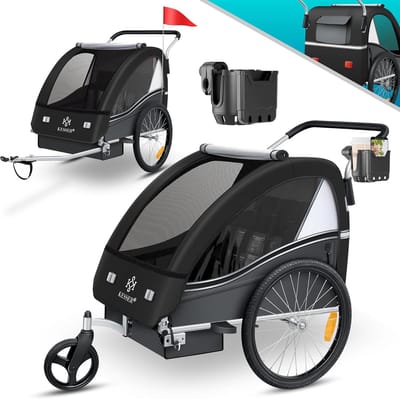 KESSER® Kinderfietskar Sport-RX 2-in-1, fietsaanhanger voor 1 tot 2 kinderen, max. 40 kg | 5-punts-veiligheidsgordel, 360 graden draaibaar voorwiel, jogger, Zwart/Antraciet