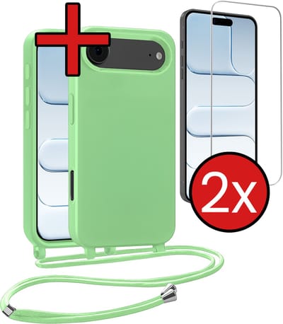 Hoesje Geschikt voor iPhone Air Hoesje Siliconen Case Met Koord Met 2x Screenprotector - Hoes Geschikt voor iPhone Air Hoesje Backcover Met Telefoonkoord - Groen