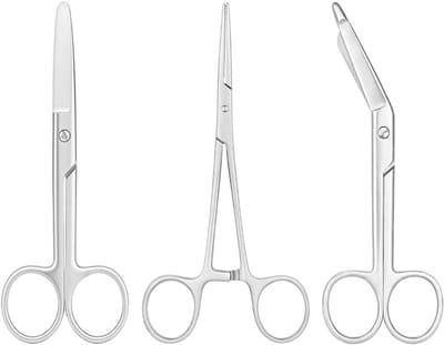 Roestvrijstalen scharen set van 3, gebogen en recht, inclusief pincet voor huishoudelijk en handwerk, 14 cm lang