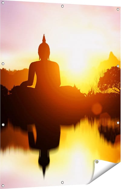 Gards Tuinposter Silhouet van Boeddha Beeld met Zonsondergang - 90x120 cm - Tuindoek - Tuindecoratie - Wanddecoratie buiten - Tuinschilderij