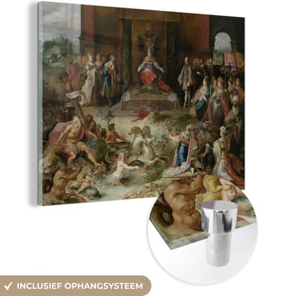 MuchoWow® Glasschilderij 160x120 cm - Schilderij acrylglas - Allegorie op de troonsafstand van keizer Karel v te Brussel - Foto op glas - Schilderijen
