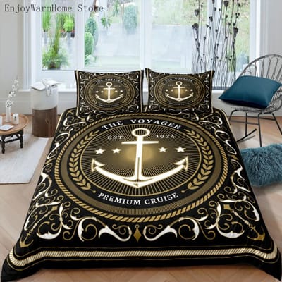 Blue Anchor Beddengoedset Zeilen Bedlinnen Huisdecoratie Eenpersoons Tweepersoons Twin Volledige Maat Voor Jongens Volwassenen Kompas Streep Dekbedovertrekset AU Queen 210x210cm