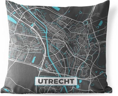 Buitenkussen Weerbestendig - Plattegrond - Utrecht - Grijs - Blauw - 50x50 cm - Stadskaart