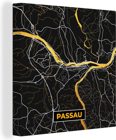Canvas Schilderij Kaart – Plattegrond – Stadskaart – Passau – Duitsland – Goud - 20x20 cm - Wanddecoratie