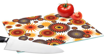 Glazen Snijplank - 28x20 - Design - Retro - Oranje - Bloemen - Snijplanken Glas