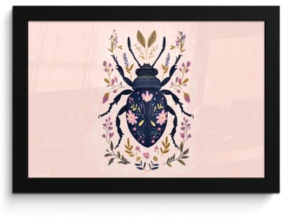 Poster in lijst - Fotolijst 30x20 cm - Posters - Donkerblauw - Kever - Bloemtakken - Sierlijk - Posterlijst zwart - Decoratie - Wanddecoratie woonkamer - Muurdecoratie slaapkamer