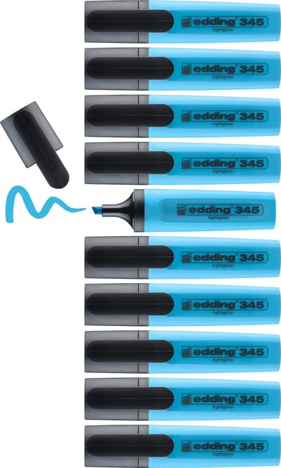 edding 345 highlighter - lichtblauw - 10 markeerstiften - beitelpunt 2-5 mm - ideaal voor heldere markeringen en accentuering van tekstfragmenten en notities