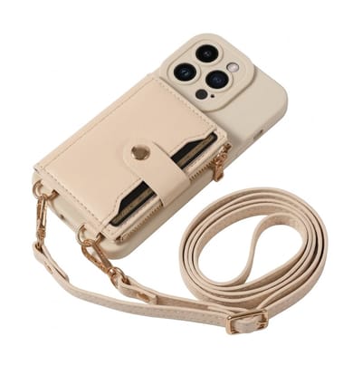 Beige telefoon hoesje met portemonnee en rits geschikt voor iPhone 13 Pro – kunstleer beschermende case voor dames en heren met pasjeshouder, druksluiting, afneembare draagkoord en standaard functie