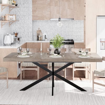 Wishdor - Uitschuifbare Rechthoekige Eettafel - Verborgen Opbergruimte En Stabiel X-Onderstel - Industrieel Ontwerp - Voor Eetkamer - MDF En Metaal - Grijs - 140-180 X 80 X 76 Cm - 4 Tot 6 Personen