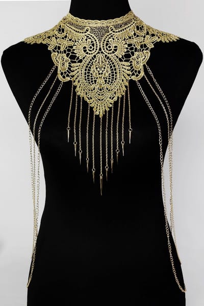 KIMU® Body Chain Goud Kant Choker - Lichaamsketting Victoriaans Sexy Lace Buikketting Lichaam Ketting Harnas - Steampunk Collar Gouden Festival