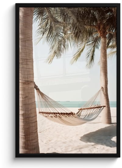 Poster in lijst - Fotolijst 60x90 cm - Posters - Hangmat - Palmbomen - Strand - Zee - Posterlijst zwart - Decoratie - Wanddecoratie woonkamer - Muurdecoratie slaapkamer