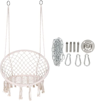 Macrame Hangmat Stoel - Schommelstoel Hangstoel - Ontspannen Buiten - Met Elegante Franjes - 82 x 82 x 4 cm