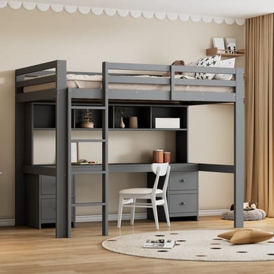 STILVORA Hoogslaper 90x200 cm – Kinderhoogslaper met werkplek & opbergruimte – Hoge reling en stabiele trap – Grenen+MDF – Grijs – Zonder matras