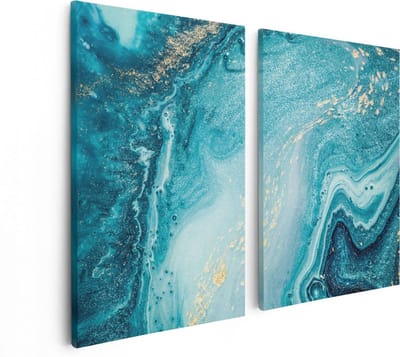 Artaza Canvas Schilderij Tweeluik Abstracte Kunst Blauwe Oceaan - 80x60 cm - Wanddecoratie Woonkamer - Schilderijen - Muurdecoratie