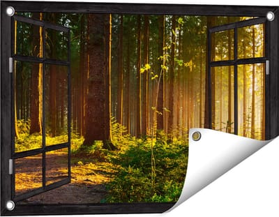 Gards Tuinposter Doorkijk Bos met Zon tussen de Bomen - 60x40 cm - Tuindoek - Tuindecoratie - Wanddecoratie buiten - Tuinschilderij