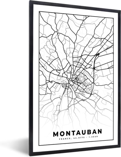 Fotolijst incl. Poster Zwart Wit- Frankrijk - Kaart - Montauban - Plattegrond - Stadskaart - Zwart wit - 40x60 cm - Posterlijst