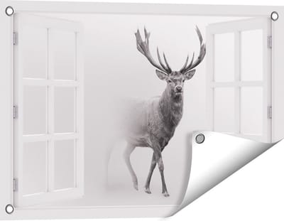 Gards Tuinposter Doorkijk Hert - Zwart Wit - 60x40 cm - Tuindoek - Tuindecoratie - Wanddecoratie buiten - Tuinschilderij
