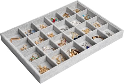24 Dozen Velvet Sieraden Tray voor Lades, Stapelbare Sieradenopbergdoos, Verwijderbare Display Trays voor Ringen, Armbanden, Oorbellen en Kettingen, 35x24x3cm (Grijs)