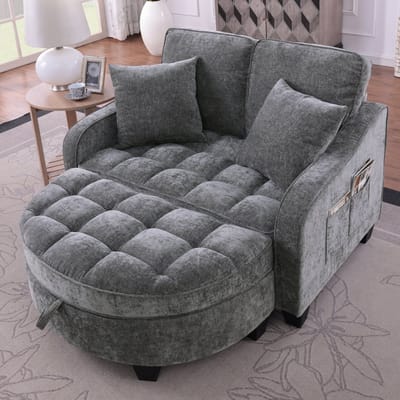 2-in-1 slaapsofa met opberghocker - compact voor kleine ruimtes - 1-2 personen - donkergrijs - ademende stof en eucalyptushouten frame - flexibele ombouw tot chaise longue of bed