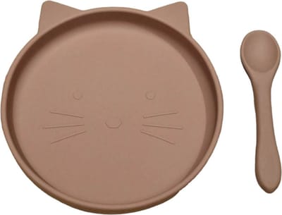 JU&MP Bord Zuignap Poes met Babylepel - Baby - Kinderservies - Kinderbord - Onbreekbaar - Roze