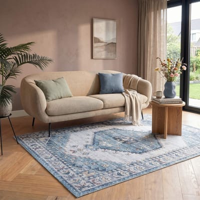 Flycarpets Burano Vintage Vloerkleed - Blauw - Laagpolig Tapijt Loper - 80x150 cm