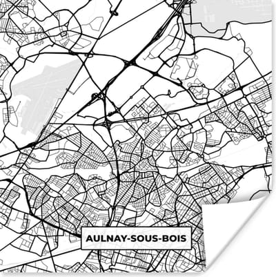 Poster Plattegrond - Kaart - Aulnay-sous-Bois - Frankrijk - Stadskaart - Zwart wit - 100x100 cm XXL