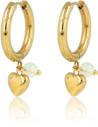 My Bendel - Goudkleurige Oorringen met Hartjes Hanger en Edelsteen - Green Fluorite - met Luxe Cadeauverpakking | Sieraden Voor Dames