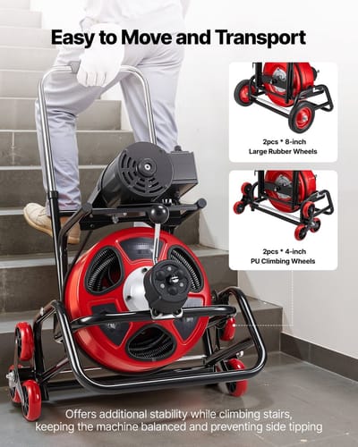 Ontstoppingsmachine voor afvoer en riool - Elektrische pijpreiniger - Veer 12,7 mm x 30 m - Automatische aanvoer - Voetpedaal - Acht snijbladen - Klimwielen - Buizen 50–150 mm