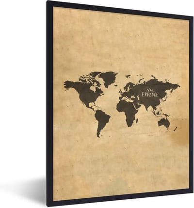 Poster in lijst - Fotolijst 30x40 cm - Posters - Wereldkaart - Beige - Reizen - Posterlijst zwart - Decoratie - Wanddecoratie woonkamer - Muurdecoratie slaapkamer