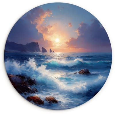WallCircle® Wandcirkel 120x120 cm - Muurcirkel Golven - Zee - Kleurrijk - Rotsen - Muurdecoratie woonkamer - Wanddecoratie slaapkamer - Kamer decoratie accessoires - Ronde schilderijen XXL