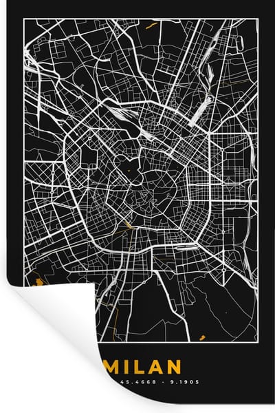 Muurstickers - Sticker Folie - Kaart - Milaan - Plattegrond - Goud - Stadskaart - 20x30 cm - Plakfolie - Muurstickers Kinderkamer - Zelfklevend Behang - Zelfklevend behangpapier - Stickerfolie