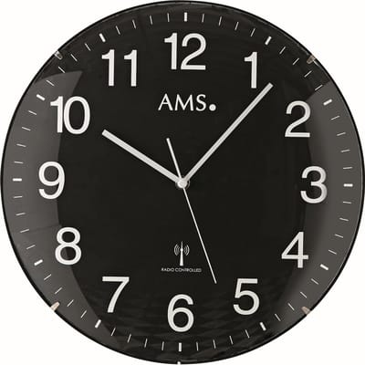 AMS F5959 - Wandklok - Analoog - Rond - Radiogestuurde tijdsaanduiding - Kunststof - Mineraal Glas - Ø32 cm - Zwart