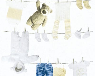 KNUFFELS EN KLEERTJES AAN DE WASLIJN BEHANG | Kinderkamer - blauw creme - A.S. Création Little Stars