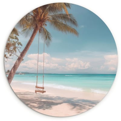 WallCircle® Wandcirkel 120x120 cm - Muurcirkel Palmboom - Schommel - Strand - Lucht - Muurdecoratie woonkamer - Wanddecoratie slaapkamer - Kamer decoratie accessoires - Ronde schilderijen XXL