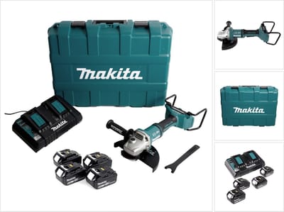 Makita DGA 900 G4KX2 accu haakse slijper 36V ( 2x18V ) 230mm borstelloos + 4x accu 6,0Ah + dubbele lader + Ezynut + koffer
