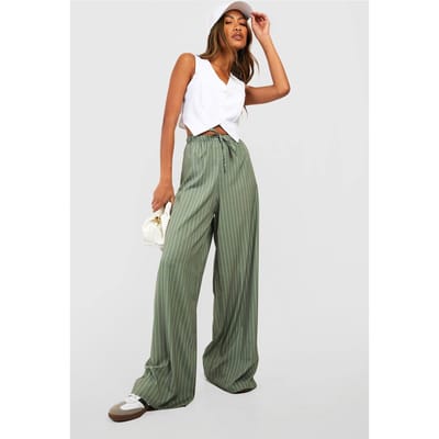 boohoo Dames Stripe Wide Leg Floaty Trousers | Kaki | Maat: 34