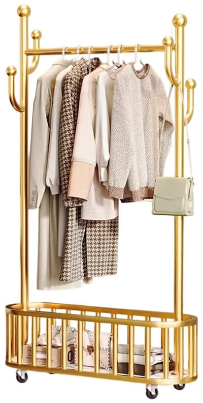 RosaBloom luxe kledingrek met wielen - Garderoberek - Kapstok met opbergmand & 4 haken - Verrijdbaar & vergrendelbaar - Tot 55 kg belastbaar - Goud