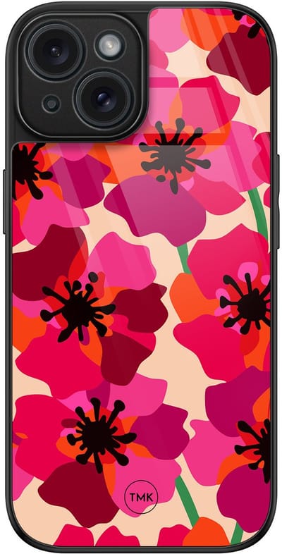 Hoesje geschikt voor Apple iPhone 15 - Pink floral bliss - Roze - TPU luxe case (glossy toplaag) - Bloemen - Hardcase backcover zwart