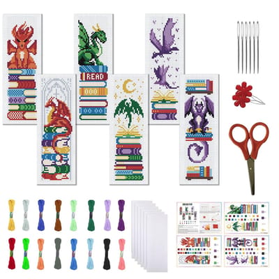 Cosensi - Dailygoods - Set van 6 Kruissteek Bladwijzers met Draak en Boek Patroon